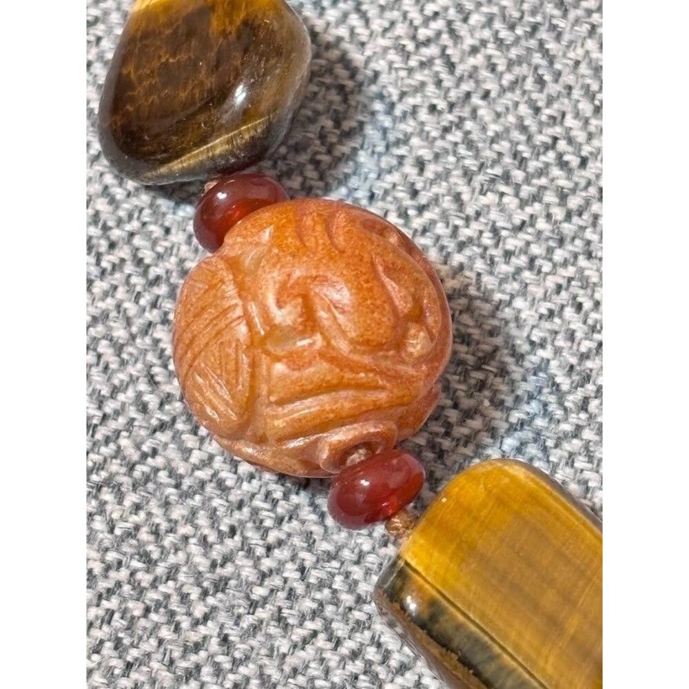 Vintage Sterling Silver Tiger’s Eye Necklace Hand Knotted Shou Bead 17" Chinese - Picture 4 of 16